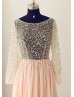 Peach Pink Chiffon Beading Sheer Prom Dress